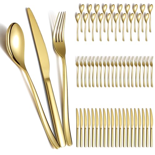 Berglander Gold Wedding Silverware Set 60pcs Service for 20, Titanium Plating Stainless Steel Flatware Set, Gold Spoons Forks Knives Set for Home, Wedding, Restaurant, Dishwasher Safe - color: b. 60 Pcs B