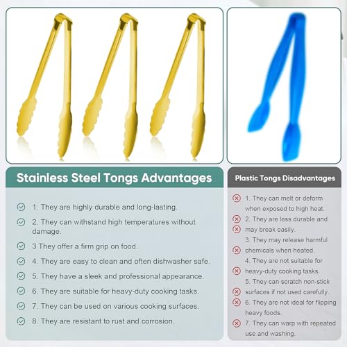 Buffet Tongs 7'' Inches Serving Tongs Heavy Duty Stainless steel Kitchen and BBQ Utility Tong Pack of 12 (Gold, 7inch) - color: Gold, size: 7inch