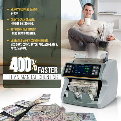 KOLIBRI Money Counter Machine I 4.5 TFT Display I Business Grade I Advanced IR/UV/MG/MT/DD/HLF Detection I Mixed Denomination (USD) I 1,200 Notes/Min I 3-Year Warranty I KBR-1500 V2 - color: Gray (Kbr-1500 V2)