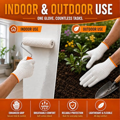 Winterlace 48 Pairs Cotton Grip Work Gloves Bulk Safety Protection Non-Slip PVC Rubber Dots Garage Construction Warehouse - color: 48 Pairs - Orange Dots