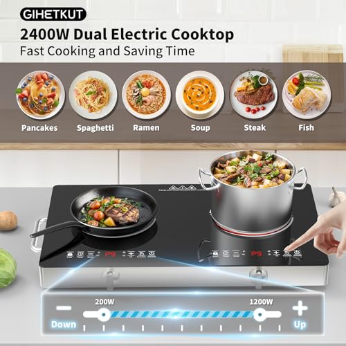 GIHETKUT Electric Cooktop,110V 2400W Stove top, Countertop Cooktop with 9 Power Levels, LED Display,Child Safety Lock, Timer,Knob and Touch Control 2 burner Electric cooktop - size: 2 burner stove top