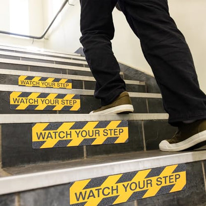 Yuanchu 12 Pack Watch Your Step Floor Decals Stickers, 23.6 x 6 Inch Self Adhesive Watch Your Step Tape Anti Slip Caution Floor Tape Water Resistance Safety Floor Decals for Workplace Indoor Outdoor