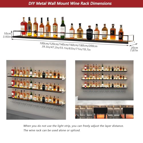 Metal Wall Mounted Wine Rack with LED Light, 3 Tiers Liquor Bottles Floating Shelves with Glass Holder, Wine Shelf Industrial Bar Shelves for Home Bar Dining (Black, 120cm/47.2in) - color: Black, size: 120cm/47.2in