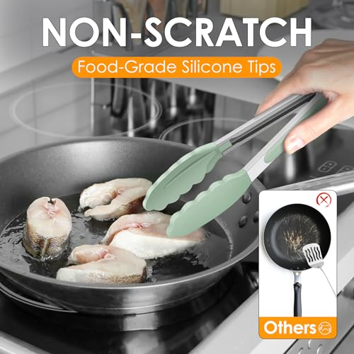 HOTEC Stainless Steel Kitchen Tongs with Silicone Tips, Set of 2-7" and 9" - color: Light Green:9+7inch