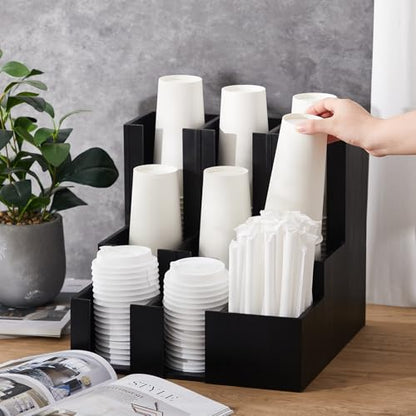 CroBlissful 9 Compartment Pine Wood Vertical Coffee Cup and Lid Dispenser - color: Black, style: Pine Wood
