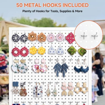 Peg Board Display Stand with Wheels,50 Hooks,2'x 5.5'-White - color: White