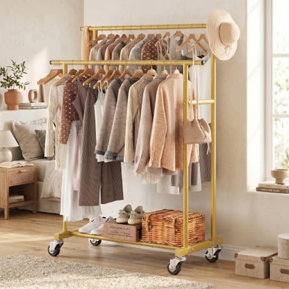 Calmootey Rolling Garment Rack, Sturdy Clothes Organizer for Bedroom - color: Gold, style: Double Rods