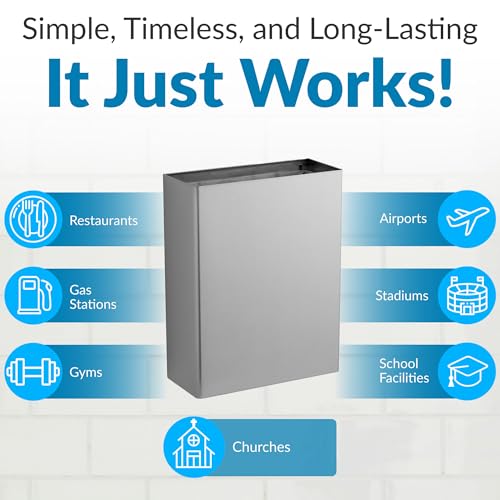 Bobrick Surface-Mounted Waste Receptacle, 6.4-gallon Capacity, Satin-Finish Stainless Steel, Open Top Design with Removable Vinyl Liner, 14" W x 18" H x 6" D (Model B-279)