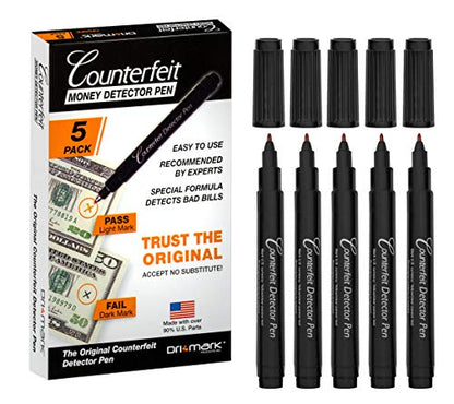 Dri Mark CFD5PK Counterfeit Bill Detector Marker Pen, Made in The USA, 3 Times More Ink, Pocket Size, Fake Money Checker - Money Loss Prevention Tester & Fraud Protection for U.S. Currency (Pack of 5) - style: 5 Pack