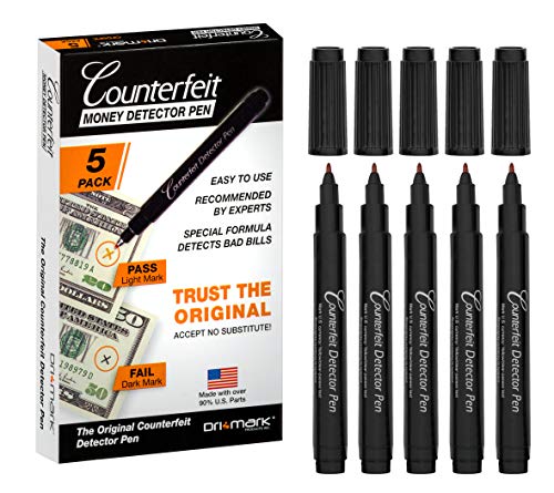 Dri Mark CFD5PK Counterfeit Bill Detector Marker Pen, Made in The USA, 3 Times More Ink, Pocket Size, Fake Money Checker - Money Loss Prevention Tester & Fraud Protection for U.S. Currency (Pack of 5) - style: 5 Pack