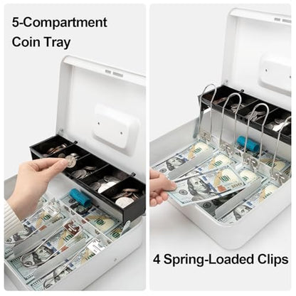 Jssmst Metal Cash Box with Money Tray and Lock, Portable Cash Drawer, 11.8" - color: White Key