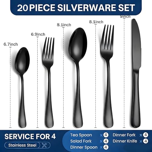 20-Piece Black Silverware Set, Stainless Steel Flatware Set Service for 4 - color: Black, size: 20-Piece