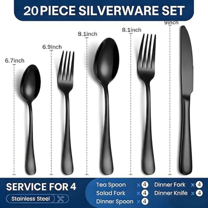 20-Piece Black Silverware Set, Stainless Steel Flatware Set Service for 4 - color: Black, size: 20-Piece