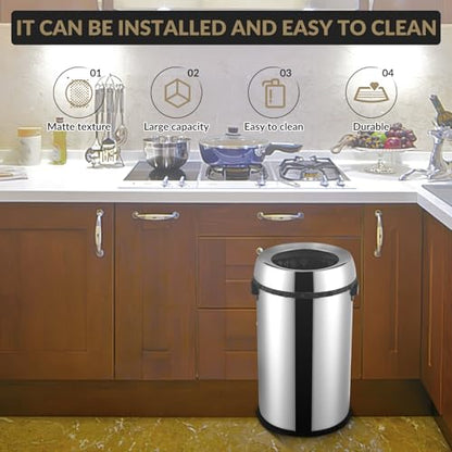 GarveeHome 65L/17 Gal Commercial Trash Can, Round Open Top Waste Bin, Large Stainless Steel Garbage Can, Outdoor Trash Bin with Wide Open and Dual Side Handle Design, for Office Bedroom Restaurant - style: Wide Open with Handle