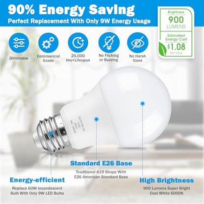 Maylaywood A19 LED Light Bulb 60W Equivalent, Dimmable 6000K Cool White - color: Cool White