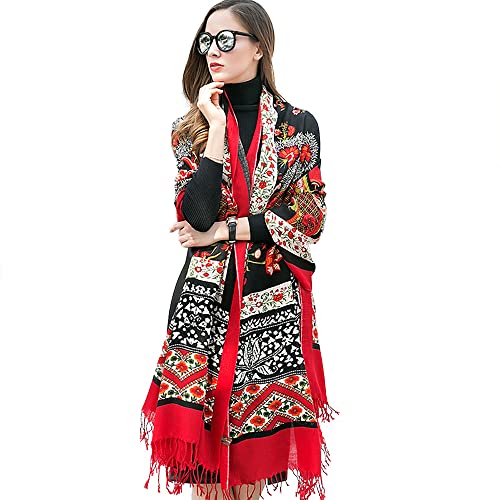 DANA XU 100% Merino Wool Extra Large Pashmina Shawl for Women - color: Red Nordic Floral