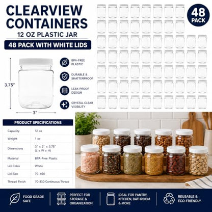 48 Pack - 12 oz (1.5 Cup) Plastic Storage Jars with 70-450 Leak Proof White Lid, Food Grade, BPA Free, Hand Wash Only (12oz, 48pk) - size: 12oz, 48PK White