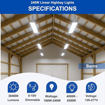 320W | 240W | 160W LED Linear High Bay Light Fixture CCT, 4000K/5000K/6500K LED Workshops Light, 0-10V Dimmable UL/DLC Lighting for Warehouse, Exhibit Halls, Supermarkets, 5 Years Warranty (240 Watts) - style: 240 Watts