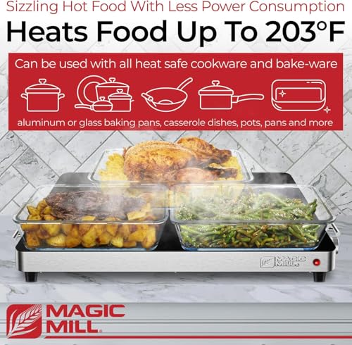 Magic Mill 3 Pack Premium-Grade Glass Food Warmer for Parties Buffet, XL Stainless Steel Modern Electric Warming Tray, Adjustable Temperature Control, Advanced Heating System Size-21x16 (3PK)