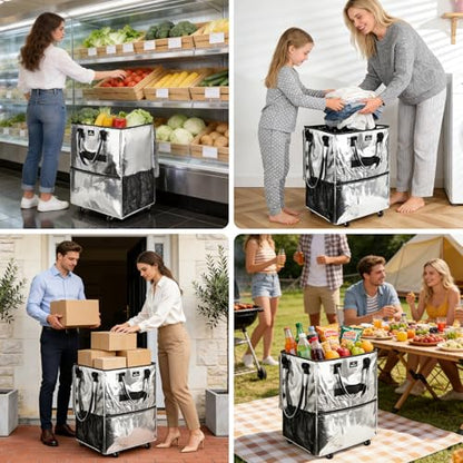 Reusable Grocery Bag on Wheels, Foldable Rolling Tote Bag with 6 Pockets - color: Silver, size: Small