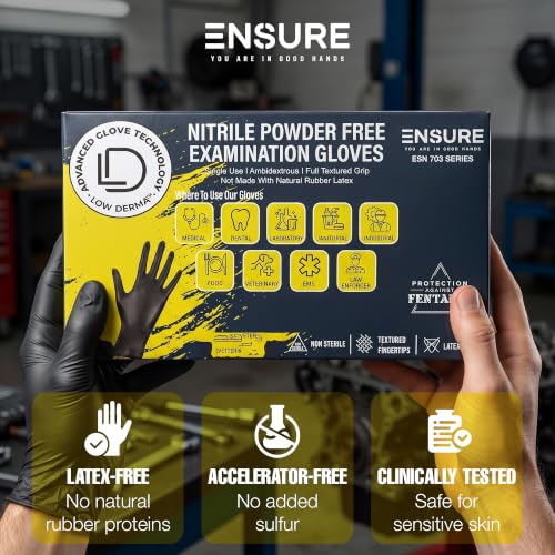 Ensure Black Nitrile Gloves Heavy-Duty Texture Grip Low Derma Patented - size: Large