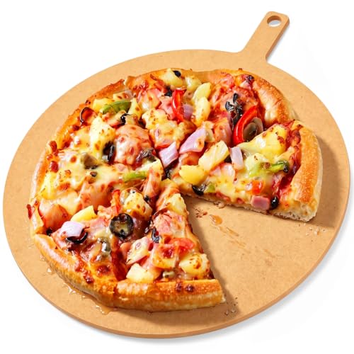 Lounsweer 24" × 20" Round Pizza Board with Handle, Wood Fiber Pizza Peel, Non-slip Cutting & Serving Board, Heavy Duty Wooden Serving Tray for Baking, Charcuterie & Kitchen Use - size: 20 Inches