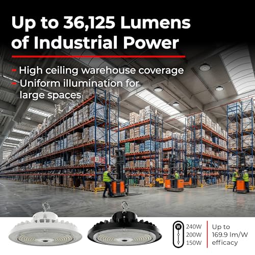 RAB Lighting H15XLB/480 UFO High Bay Lighting 240W LED High Bay Light Field Selectable Wattage and CCT 480V Black Industrial Warehouse Fixture IP65 0-10V Dimming DLC Premium (480, Volts)