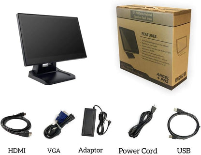 ANGEL POS 15.6 Inch 1920 x 1080 FHD IPS Touchscreen POS Monitor with Metal Stand, 10 Points Touch HDMI VGA, Waterproof Dustproof Screen 1080P, Indusitrial, Office, Retail, Gym, Warehouse (Black) - color: Black