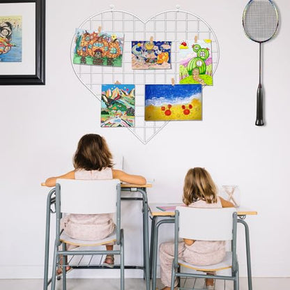 ECLENYES Grid Photo Wall Panels - 22.4"x20.4" Heart Shape Iron Rack Art Wire Board, Wall Grid Organizer, DIY Photo Frame for Home, Office, Kitchen, Bedroom, Christmas Gifts - White - color: White