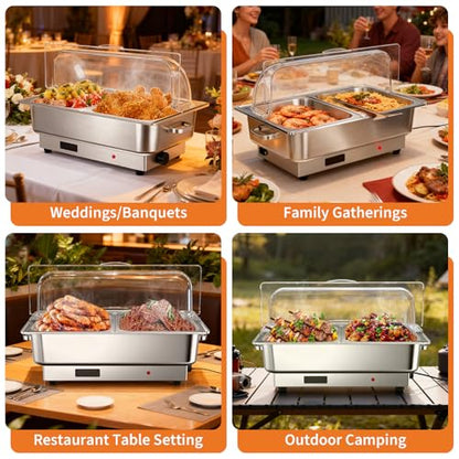 9 Qt Electric Chafing Dish Buffet Set, Stainless Steel Food Warmer with Roll Top Clear Lid, Adjustable Temperature Control, 1x1/1 and 2x2/1Size Pans, Commercial Buffet Server for Parties & Events - size: 1x1/1 and 2x2/1 Size Pan