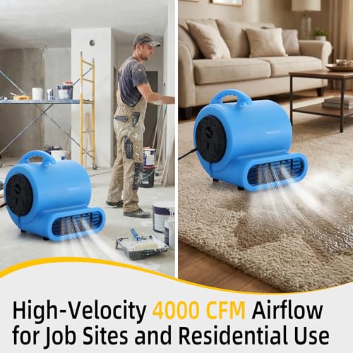 Commercial 1 HP Air Mover Fan for Water Damage Restoration,4000 CFM Industrial Carpet Dryer, Blower Fans,3-Speed Floor Fan with Daisy Chain - size: 1hp