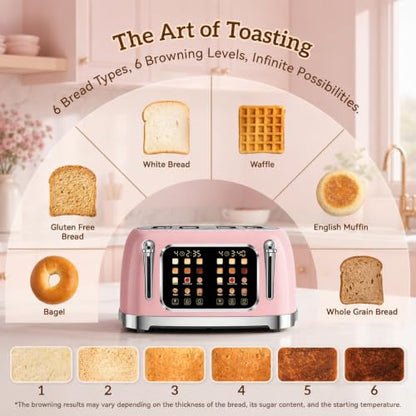 Retro Toaster 4 Slice Wide Slot Touch Screen, Blush Pink - color: Blush Pink