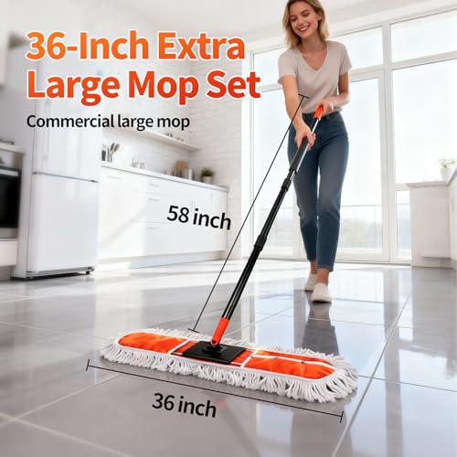 36" Large Commercial Dust Mops for Industrial Floor ，Marble, Laminate,Tile,Concrete,Garage. Janitor Broom Wide Dry mop for Hardwood ,Heavy Duty Long Handle Hotel Gym Household Cleaning Supplies
