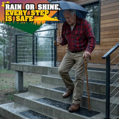 Outdoor Stair Treads Non Slip 30"x6" – 12 Pack Pre-Cut Anti Slip Grip Tape for Outdoor Wooden Steps – 80 Grit Waterproof Weather Resistant Adhesive Non Skid Strips – Includes Scraper