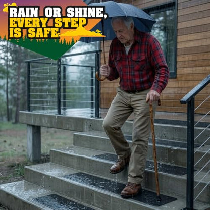 Outdoor Stair Treads Non Slip 30"x6" – 12 Pack Pre-Cut Anti Slip Grip Tape for Outdoor Wooden Steps – 80 Grit Waterproof Weather Resistant Adhesive Non Skid Strips – Includes Scraper