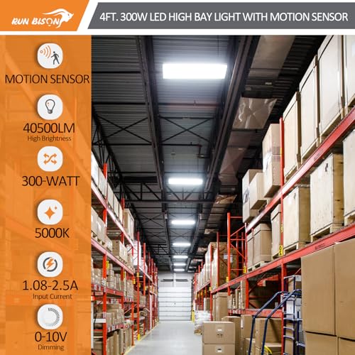 4FT LED Linear High Bay Shop Light with Motion Sensor, 300W High Bay Work Light Fixture, 40500LM, 120-277V, 5000K Daylight Linear Hanging Lighting for Garage, Warehouse, UL&DLC Listed - 1PK - color: 300W - with sensor - White, size: 1PK