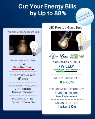 FLSNT 60W Equivalent Dimmable A19 LED Light Bulbs, Efficient 7W, 600Lumens, 2200K Warm White, CRI82, E26 Standard Base, 15000 Hours, LED Filament Light Bulbs, Amber Clear Glass, 8 Pack - color: 60w 4000k Cool White, size: 8 Count (Pack of 1)