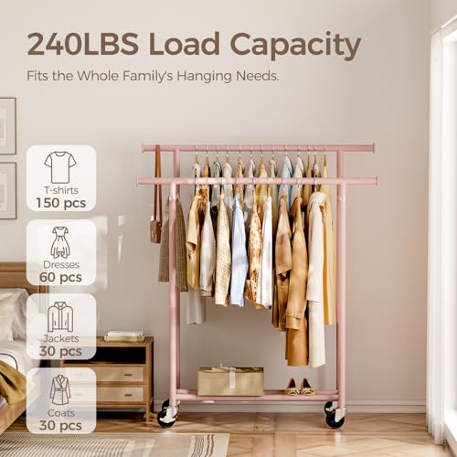 HYSEYY Clothes Rack, Double Rods Rolling Clothing Rack for Hanging Clothes, Portable Garment Rack with Wheels, Coat Rack Wardrobe Closet Load 240 LBS for Bedroom Laundry Room (Pink, L) - color: Pink