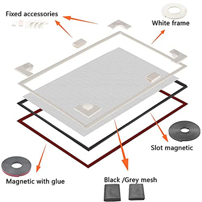 Adjustable Magnetic Seamless Fiberglass Window Screen mesh Replacement kit - Ventilation and Breathable Window Netting Repair Kit for Basement/Patio/Bathroom Vents/Bedroom Window Sills - size: frame:33'+screen:59"×99"x2
