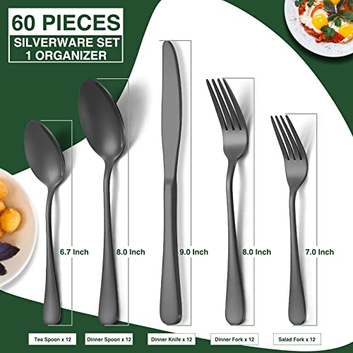 60-Piece Black Silverware Set with Organizer, AIVIKI Stainless Steel Flatware for 12, Cutlery Utensil Set for Home Restaurant, Tableware Includes Knife Fork Spoon Set, Mirror Polished - color: Black