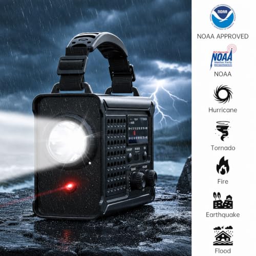 NOAA Emergency Weather Radio, 12000mAh Portable AM/FM, Hand Crank & Solar - color: Black