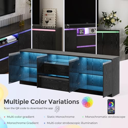 Bobve Modern TV Stand for TVs Up to 100",LED TV Console,Long Entertainment Center with 2 Drawer/2 Cabinets,Universal TV Stand for Living Room,Bedroom,Black,3 Light Modes - color: Black