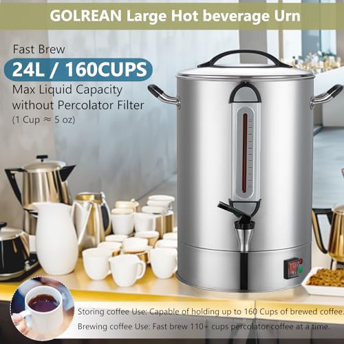 Commercial Coffee Urn 24L 160Cup Stainless Steel Quick Brew Hot Dispenser for Catering, Commercial Grade Large Capacity Coffee Maker For Meeting Rooms, Church, School, for 100+ Guests - size: 24 Liters