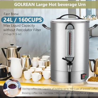Commercial Coffee Urn 24L 160Cup Stainless Steel Quick Brew Hot Dispenser for Catering, Commercial Grade Large Capacity Coffee Maker For Meeting Rooms, Church, School, for 100+ Guests - size: 24 Liters