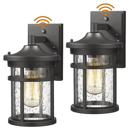 Dusk to Dawn Outdoor Wall Lighting Outdoor Wall Lantern with Sensor Exterior Wall Light Anti-Rust Porch Light Fixtures Wall Mount Waterproof Wall Sconce with Seeded Glass for House Patio Garage - size: DIA-6.7"Medium-2 Pack