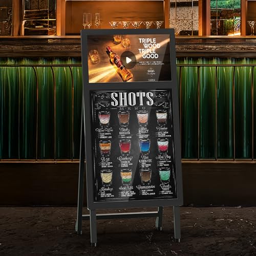 Portable A-Frame Rechargeable Digital Signage Kiosk with LED Message Writing Board, 8H Battery Powered USB Plug & Play Dual Screen, Foldable Advertising Display for Retail Stores, Restaurants