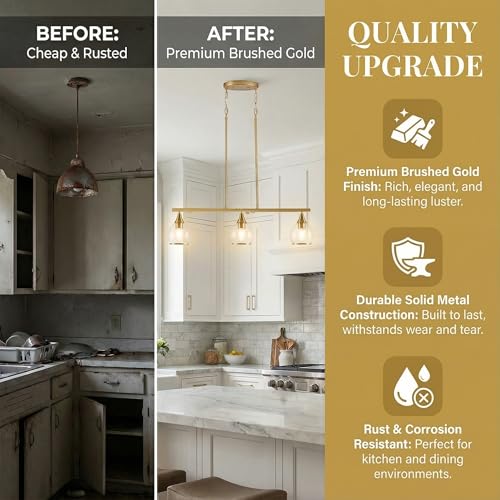 Phaosio Brushed Gold Kitchen Island Linear Pendant Light, 3-Light, E26 Base - color: Gold, size: 3-Light