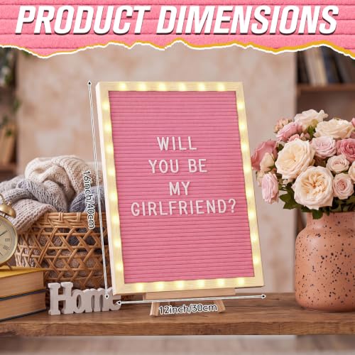 12 x 16 Inches Felt Letter Board & LED Light, Pink, Natural Wood - color: Pink, size: 12 x 16 Inches, style: Natural Wood
