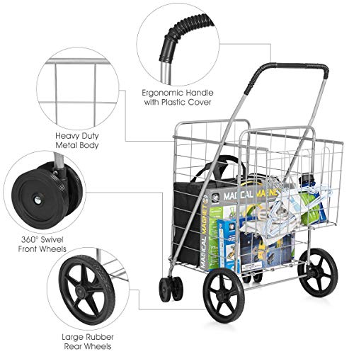 S AFSTAR Folding Shopping Cart, Metal Grocery Cart w/Extra Basket & 360° Swivel Wheels & Non-Slip Handle, Heavy Duty Utility Cart for Grocery Laundry Book Luggage (Silver) - color: Silver