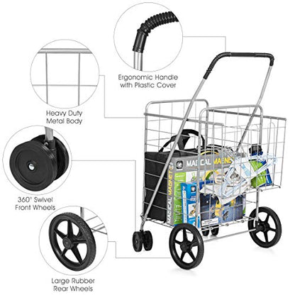 S AFSTAR Folding Shopping Cart, Metal Grocery Cart w/Extra Basket & 360° Swivel Wheels & Non-Slip Handle, Heavy Duty Utility Cart for Grocery Laundry Book Luggage (Silver) - color: Silver